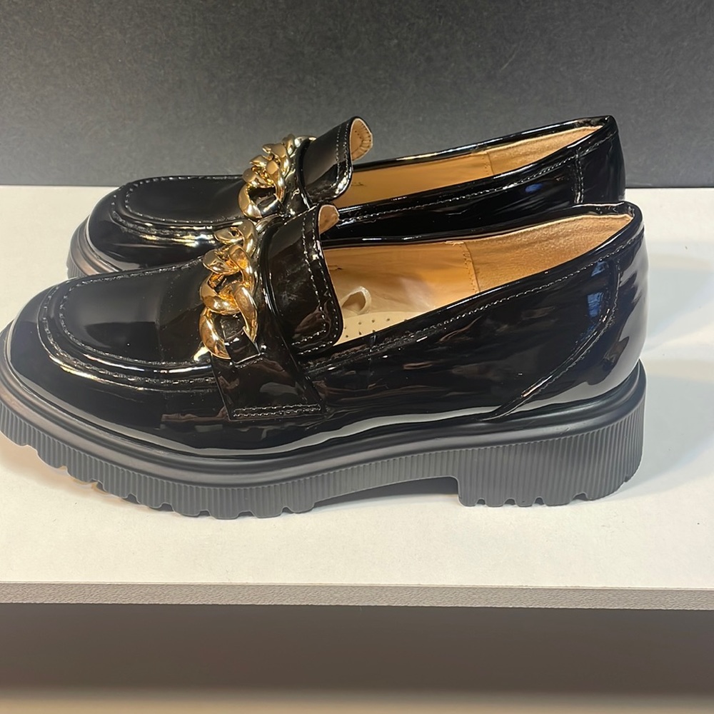 Atalina Women's Black and Gold Loafers. Size 7.5